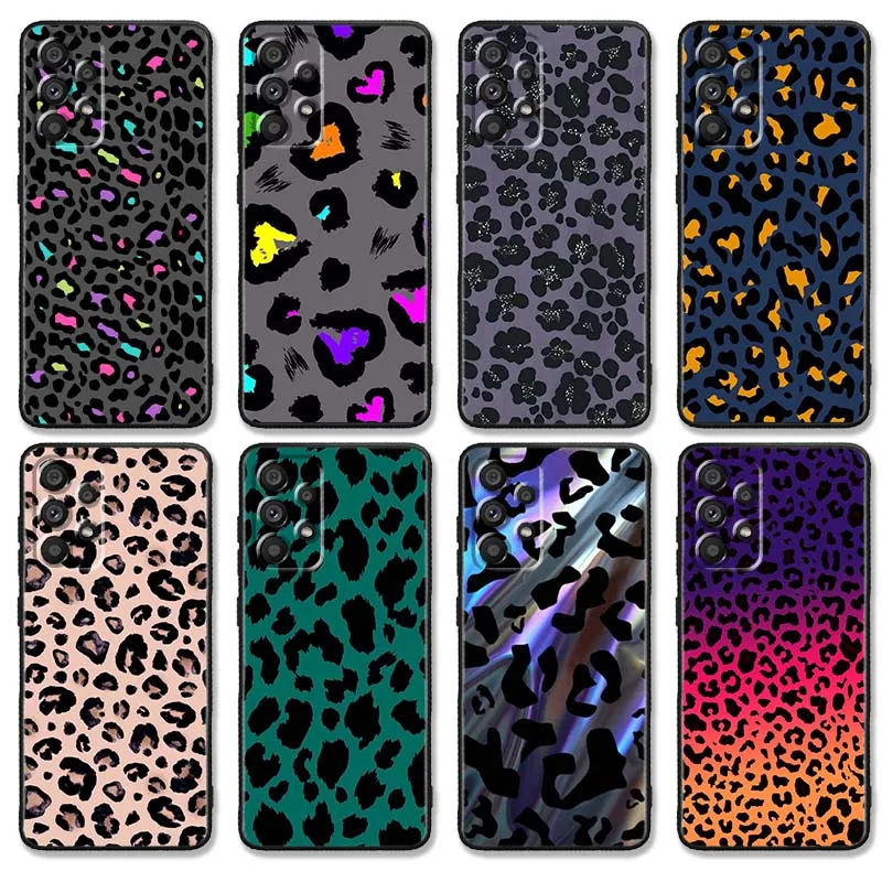 Holographic Leopard Print For Samsung Galaxy A26 A36 A56 A73 A72 5G 4G Soft Black Straight Edge Phone Case Cover