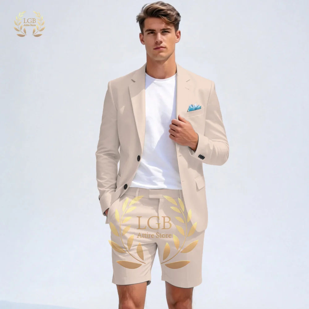 Men Formal Wear Wedding Guest - ชุดสูทผู้ชายสีเบจ 2 ชิ้น ทรงสลิมฟิต เสื้อเบลเซอร์และกางเกงขาสั้น สำหรับงานแต่งงาน
