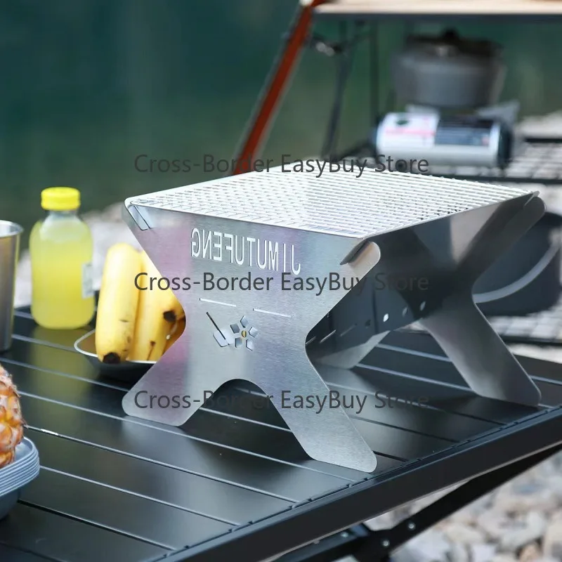 Outdoor card-style stainless steel firewood stove, splicing barbecue grill, camping picnic lightweight stove