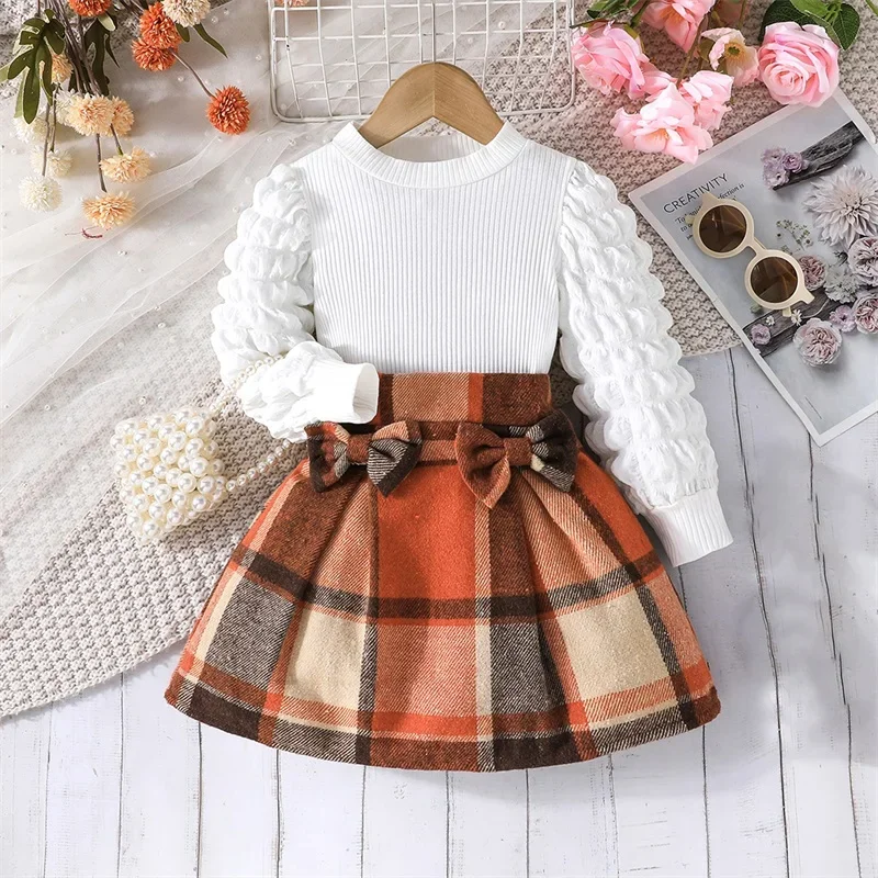 2-8Y Kids Girls Autumn 2PCS Skirt Outfits Long Puff Sleeve Round Neck Tops A-line Plaid Skirt Set Children Fashion Clothing