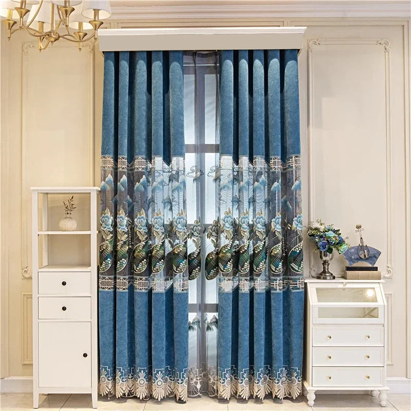 

Chinese Style Luxury Large Hollow Thickened Chenille Gold Thread Embroidered Blue Window Curtains For Living Dining Room Bedroom