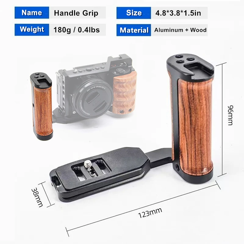 Lightweight Handgrip L-Shape Grip for Camera, Ergonomic Wooden Side Handle, w Quick Release Plate &Cold Shoe &1/4'' Screw Holes