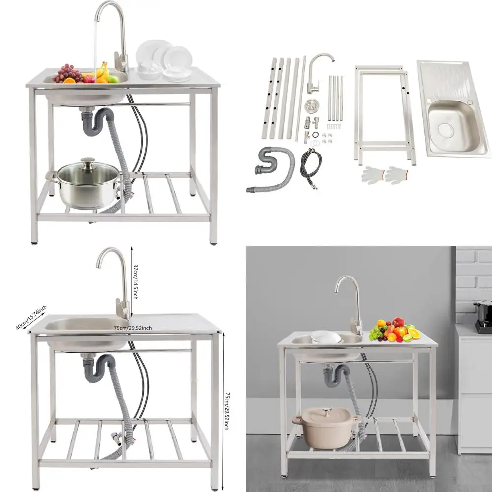 

Portable Stainless Steel Single Bowl Kitchen Sink with Hot and Cold Faucet, Free Standing Metal Wash Tub for Hand Washing Statio