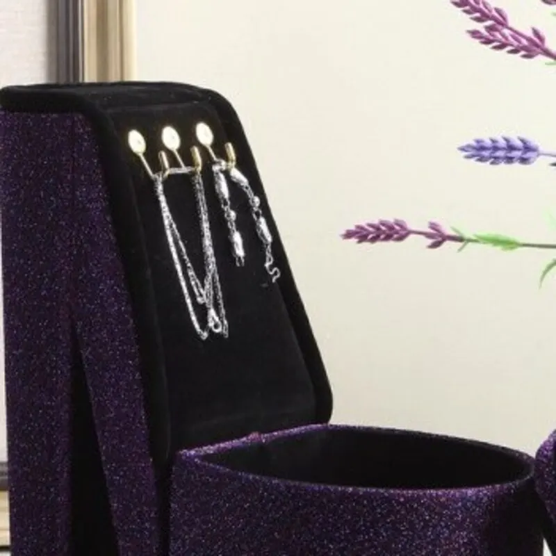 صندوق مجوهرات للأحذية بكعب عالٍ بطول 9 بوصات، مخملي أرجواني مع خطافات وقلادة وحلق وخاتم منظم لتخزين الأزياء