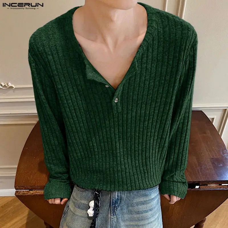 Incerun camisa masculina cor sólida de malha manga longa casual roupas masculinas streetwear estilo coreano primavera outono moda masculina topos