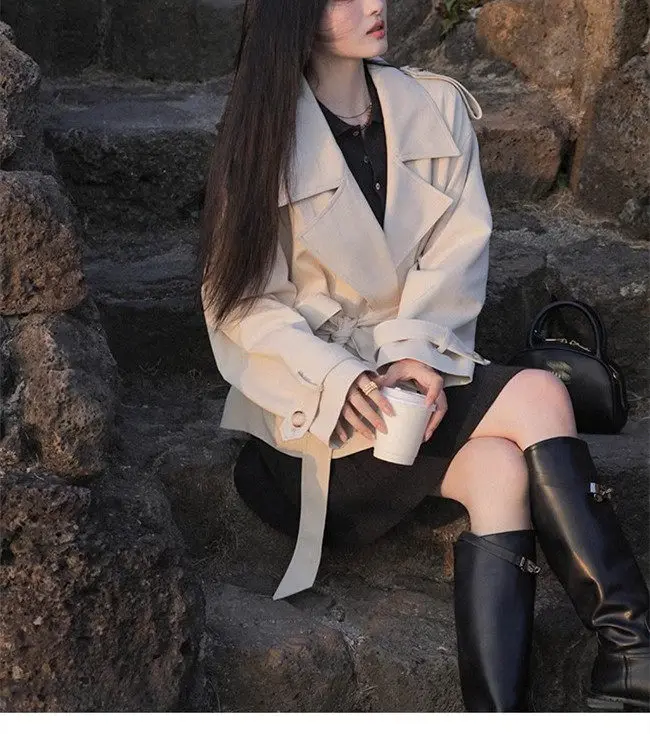 Women's Apricot Autumn Winter Collar Waist Coat French Y2K Fashion High Street Office 2000s Style Retro 90s Coat Clothing 2026