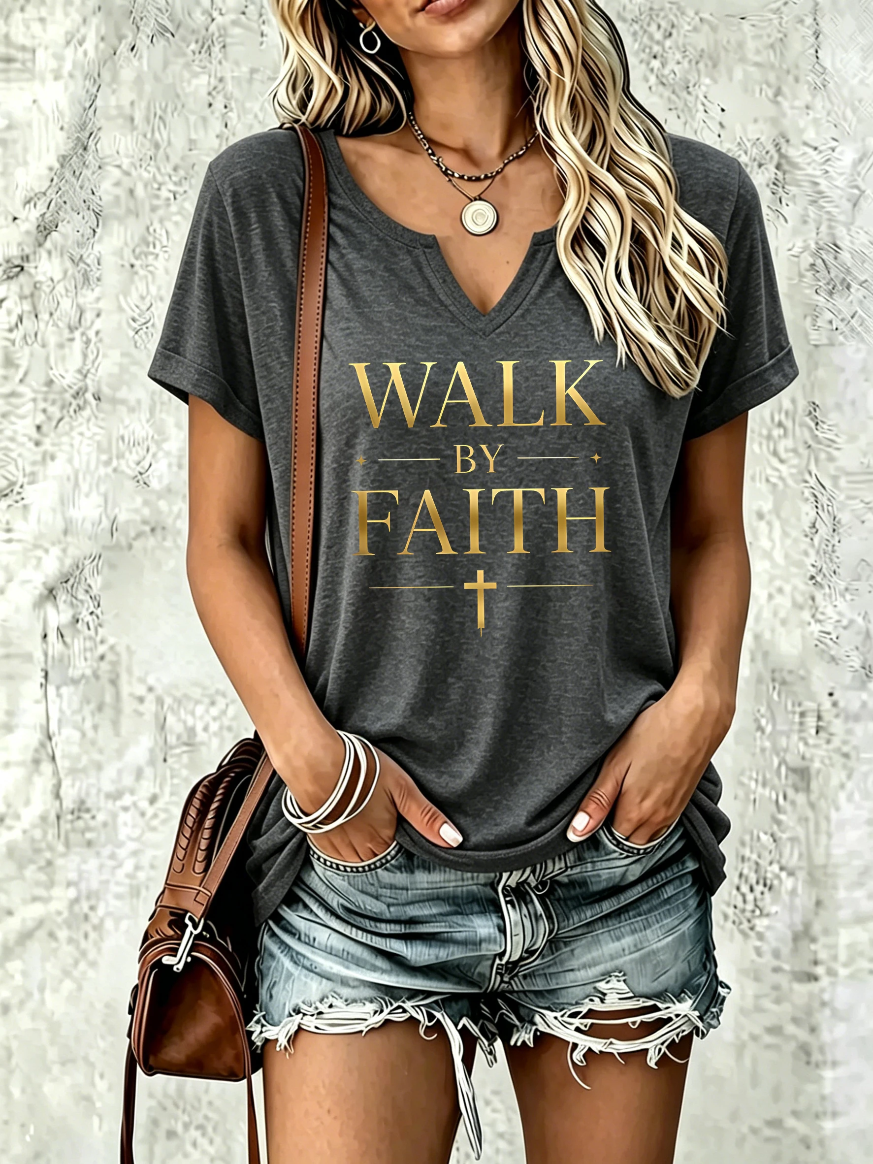 Women Summer V Neck Short Sleeve T Shirt, Walk By Faith Golden Letter Cross Faith Slogan Print, Casual Daily Tee for Ladies