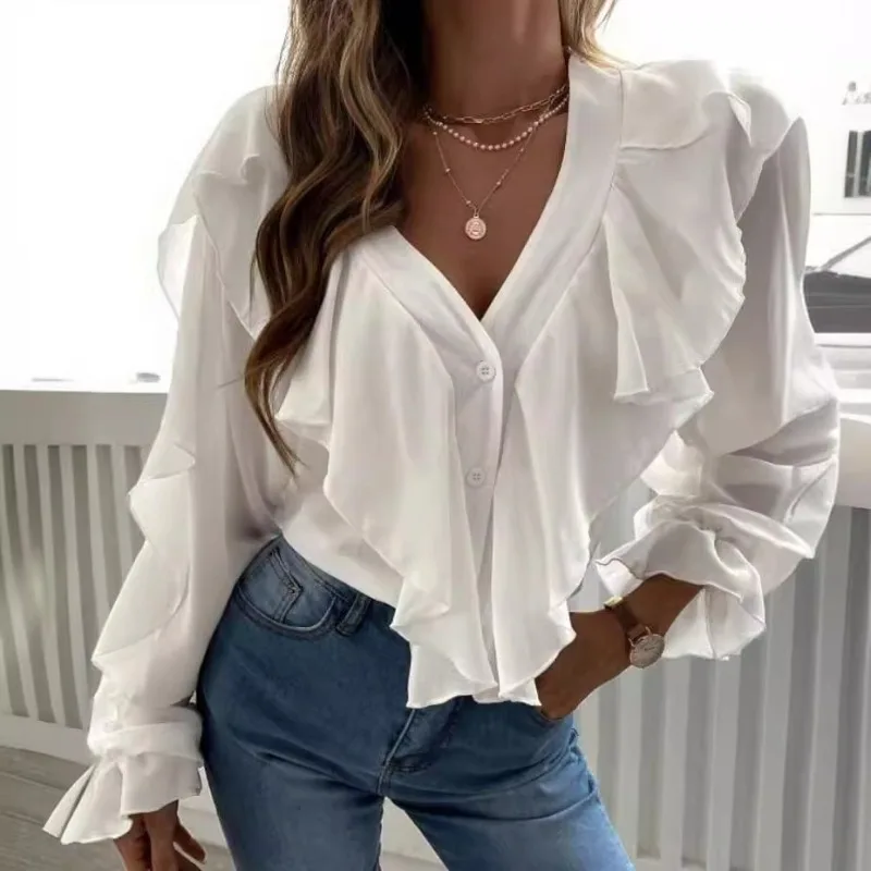 New Arrivals Temperament Design Sense Spring Summer Women\'s Clothing Solid Color V-neck Flounce Top Shirt Long Sleeve