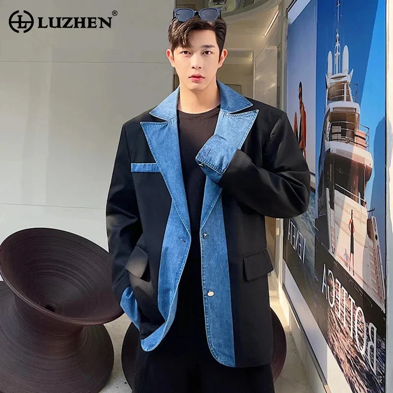 LUZHEN Trendy Denim Splicing Design Blazer Coat Men's Original High Street Color Contrast Stylish Jacket Korean 2025 New B0af0f