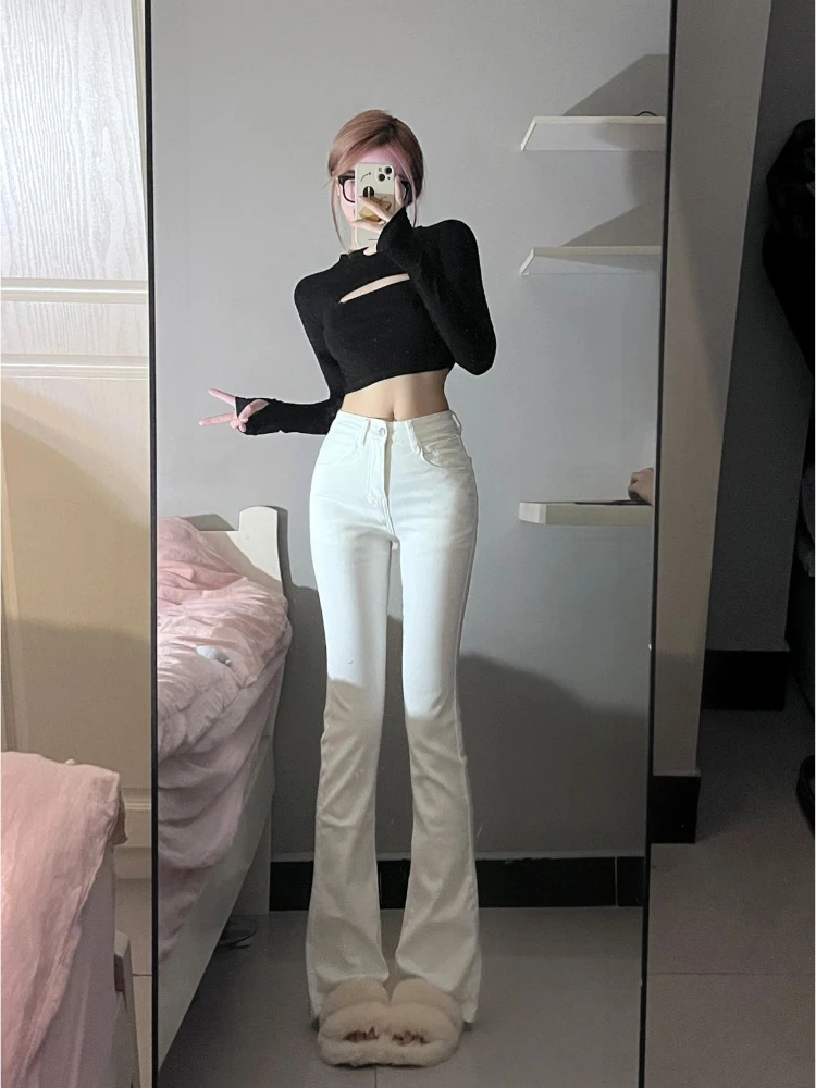 

Американские джинсы-клеш с высокой талией, облегающие, женские, тонкие, летние, белые, из денима, длинные брюки, повседневные, прямого кроя