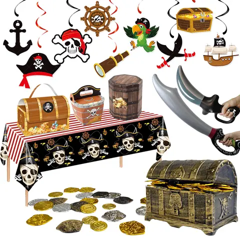 Pirate Theme Decor Hanging Spiral Tablecloth Gifts Box Treasure Chest Gold Coin Pirate Knife Nautical Birthday Party Decoration