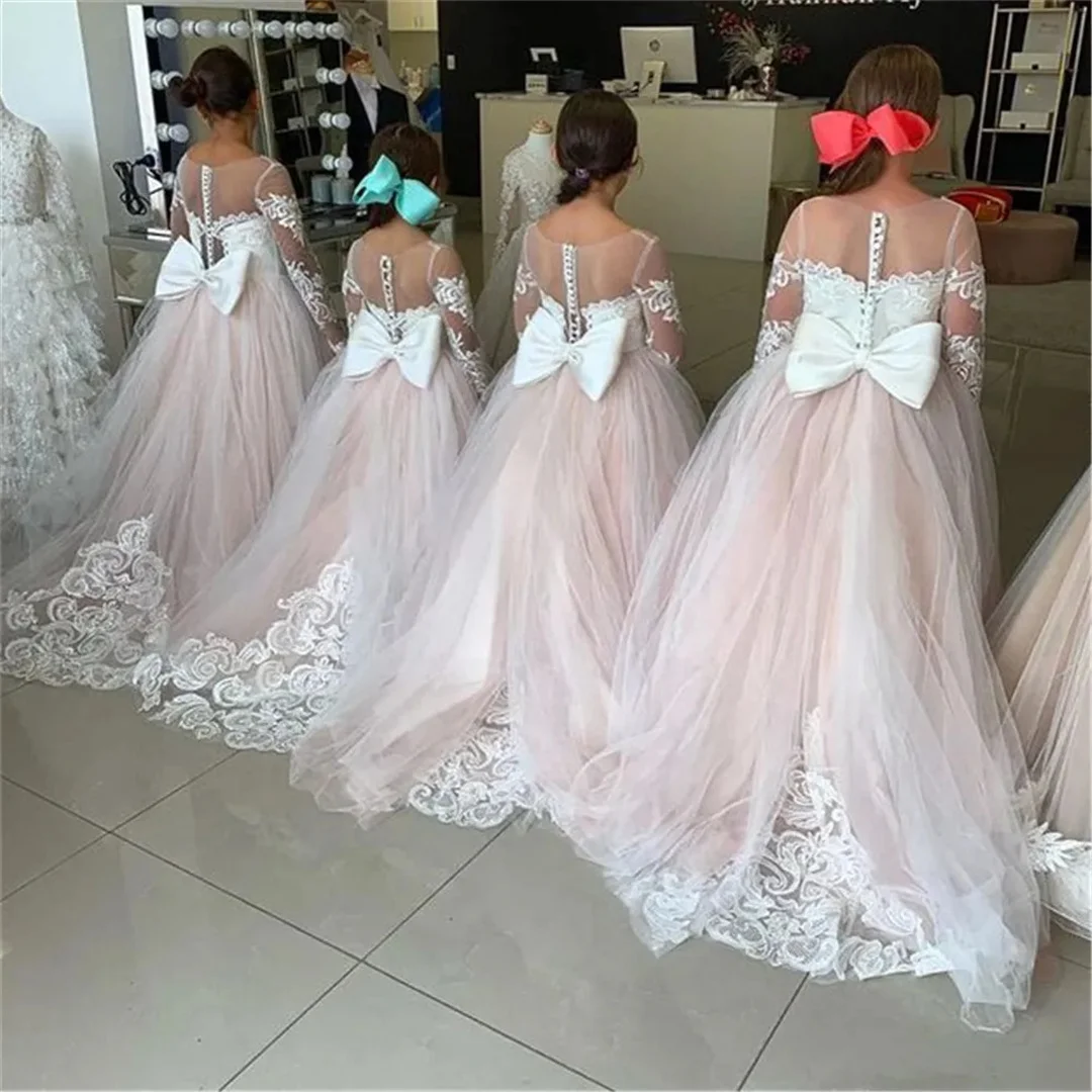 Communion Dress Long Sleeve White Ivory Flower Girl Dresses For Wedding Guest Child Kids Bridesmaid Lace Floral Tulle Skirt Ball