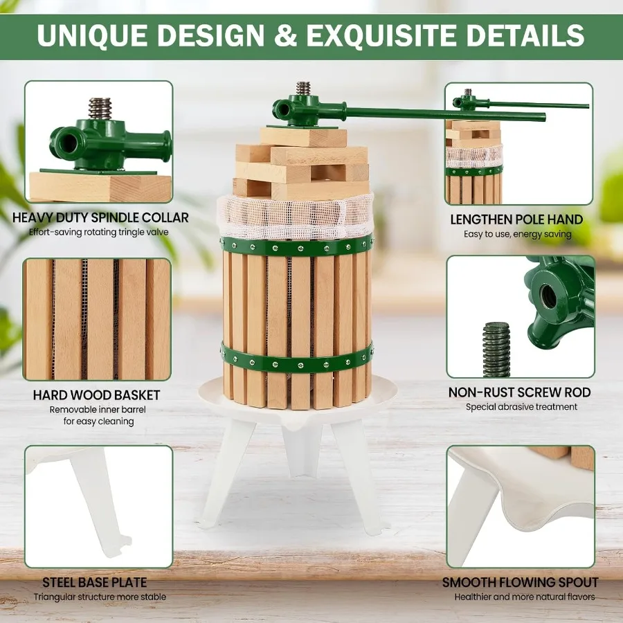 Fruitwijnpers, 3,2 gallon handmatige sapcentrifuge, appel-, druiven- en bessenbreker, 12 liter massief houten mand met 6 blokken, zware veeg