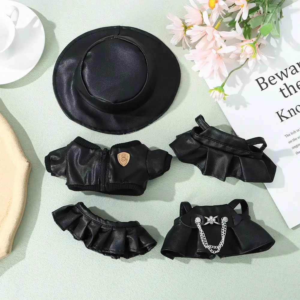 Black Doll Overalls Skirt Suit 20cm Cotton Doll Outfit Accessories Idol Doll Overalls PU Leather Jacket Plush Doll\'s Clothes