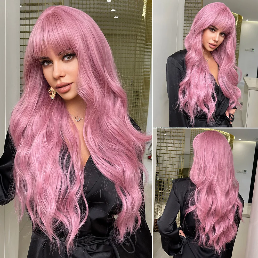 

Long Pink Wigs with Bangs Wave Synthetic Wigs for Women