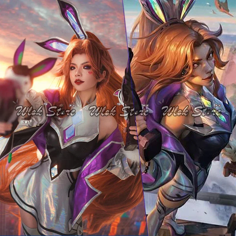 Game LOL Miss Fortune Cosplay Battle Bunny Costume Wig The Bounty Hunter Cosplay Dress Coat Heels Shoes Halloween Party Uniforms