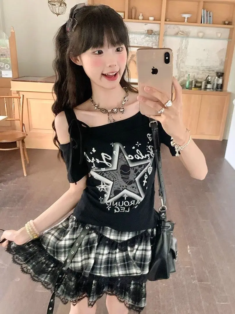 2026 Two-piece Star Graffiti Off-shoulder Short Sleeve T-shirt Women 2026 New Trendy Slimming Illusion Top