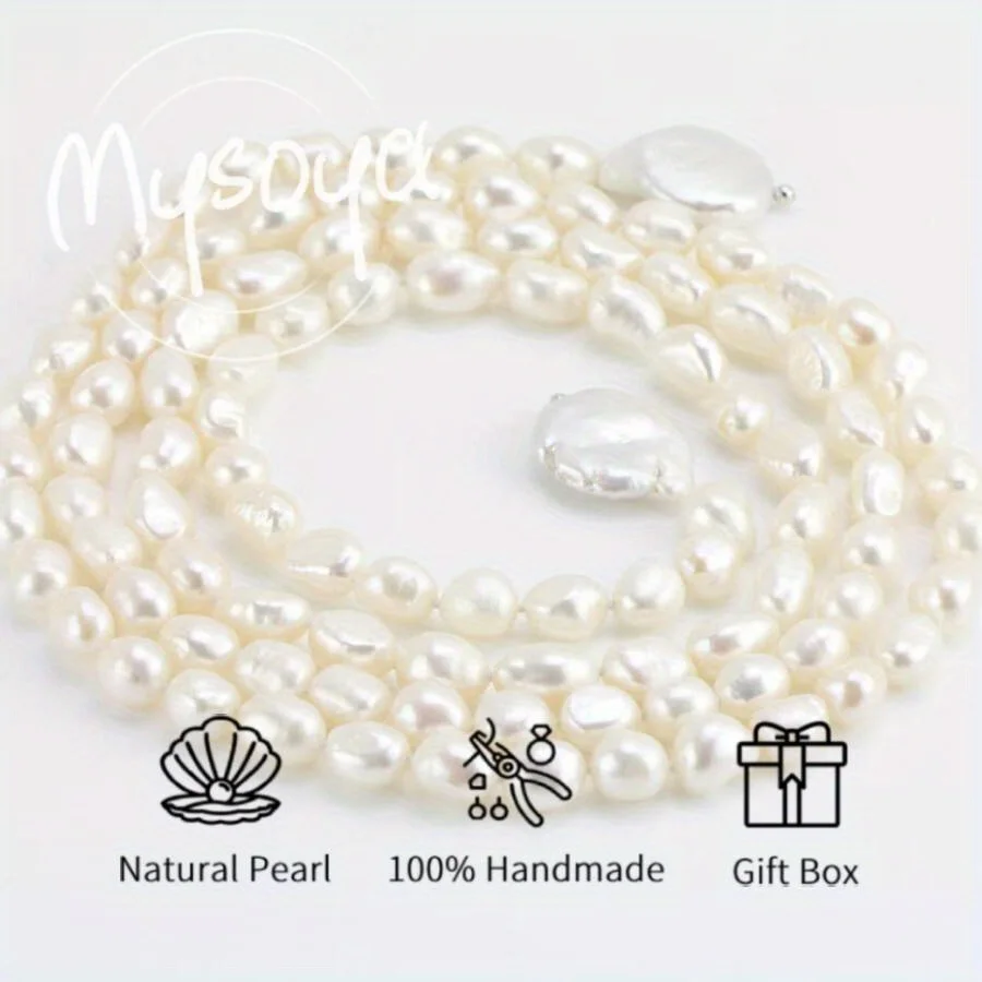 

MYSOYA White Freshwater Pearl Baroque Pearl Long Necklace 8-9mm with Gift Box, Birthday Gift, Wedding Jewelry, Gift for Him/ Her