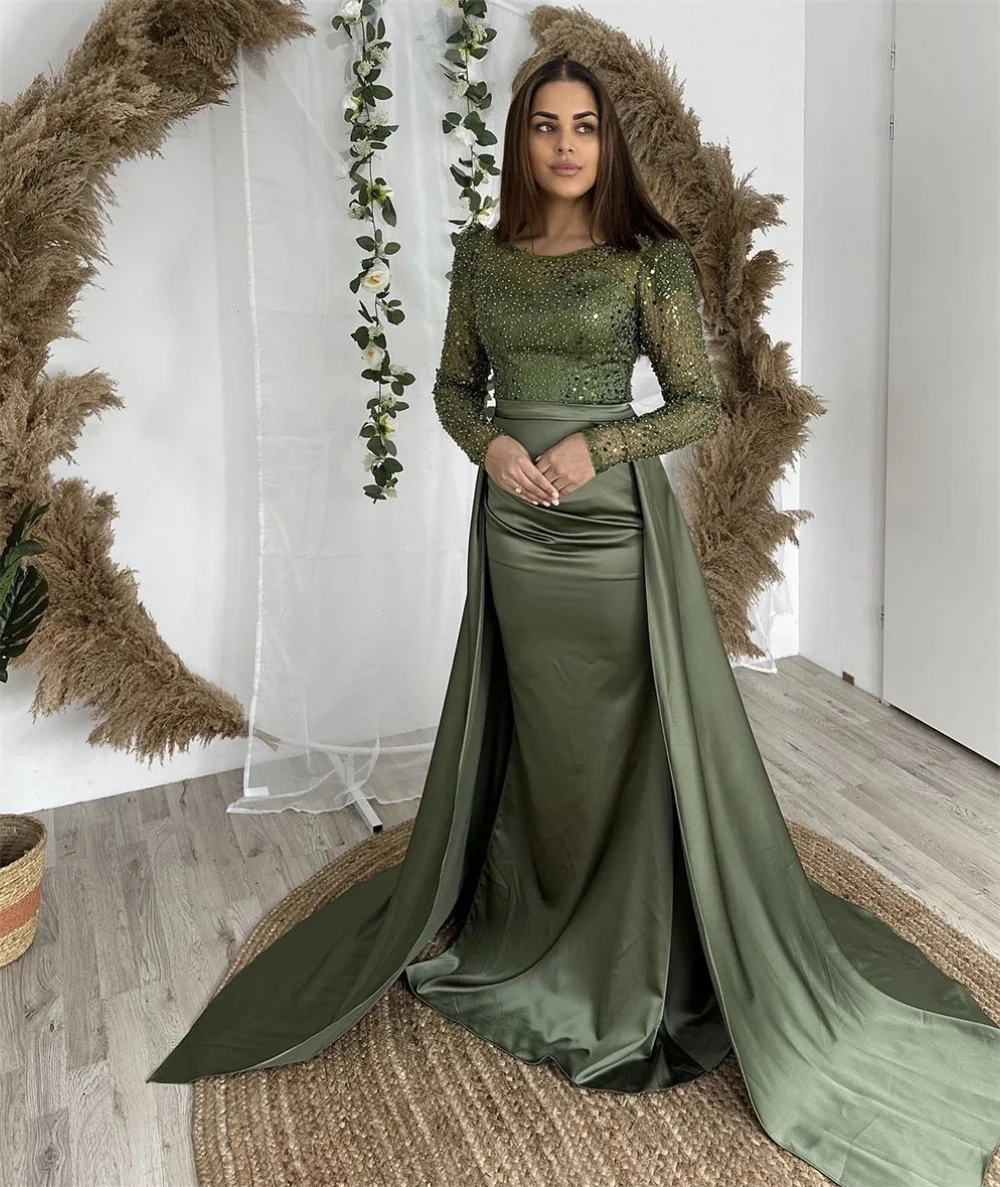 Jessica Dark Green Prom Dress Luxurious Satin Sequins Arab Dress فساتين السهرةMermaid Elegant Lady Formal Occasions Party Dress