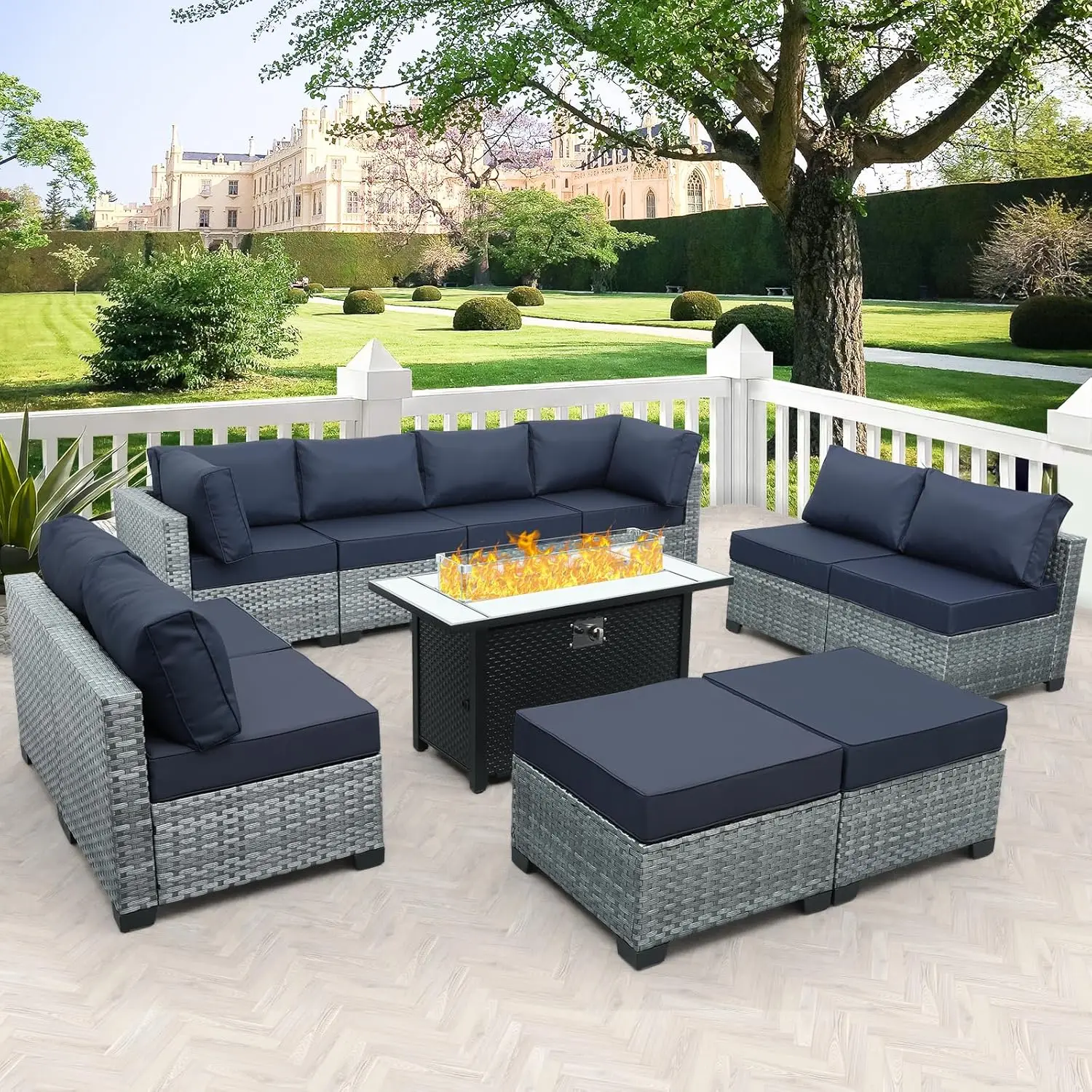 

Outdoor PE Wicker Furniture Set, Patio Gray Rattan Sectional Sofa Couch with 60000 BTU Fire Pit and Washable Cushions