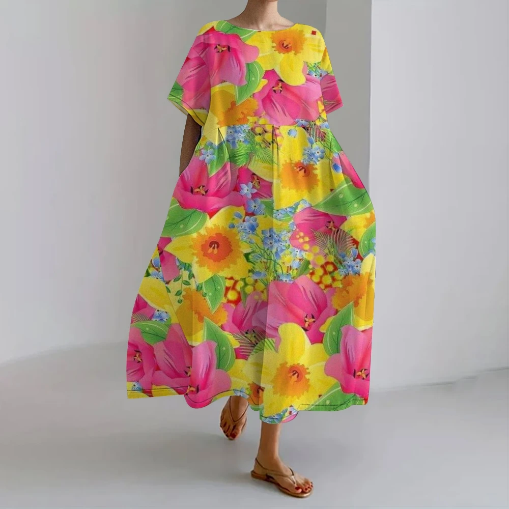 

Bright Flowers Print Dress Colorful warmy Flower Print Skirt Vibrant Blossom Dresses Causal Floral Fantasy Dress Boho Beach Wear