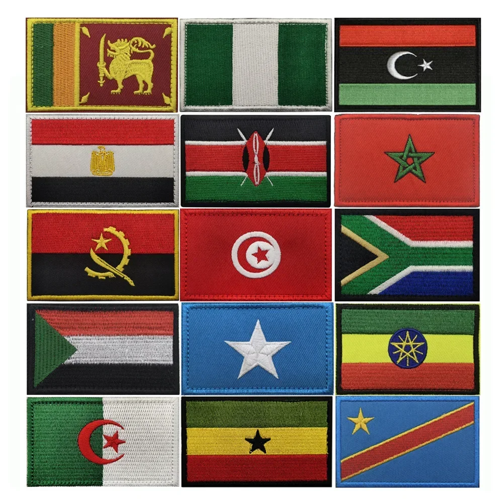 African Country Flag Embroidery Patches Somalia Nigeria Congo Hook Loop Badge Kenya Morocco Algeria Libya National Flags Sticker