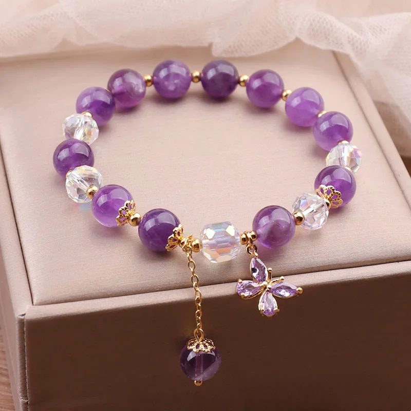 

Purple Crystal Bracelet for Women Gold Color Metal Chain Transparent Beads Handmade Hand Strings with Butterfly Pendant