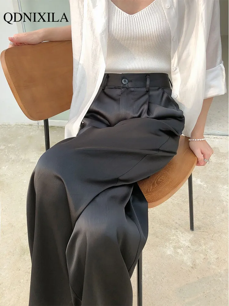 2024 Spring Summer Ice silk Satin Women's Pants Wide Leg High Waist Casual Black Korean Fashion Suit Pants for Women Trousers