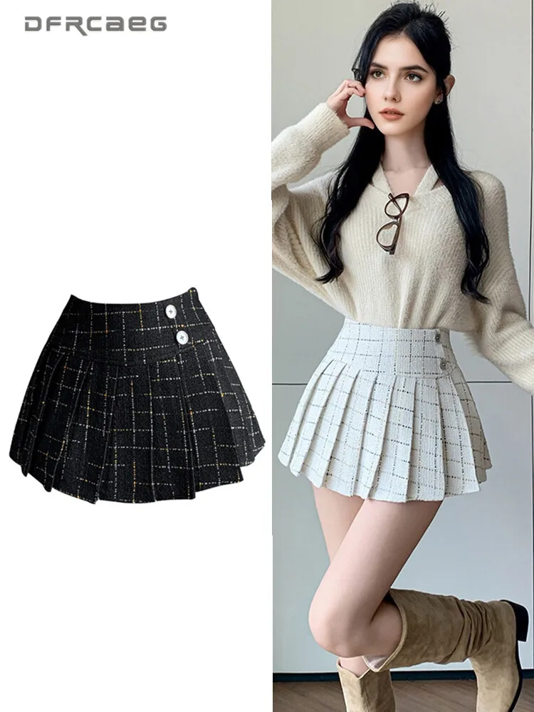 

College Style Tweed Plaid Vintage Jk Mini Skirt For Women Autumn Winter Office OL Pleated Short Skirts Lady