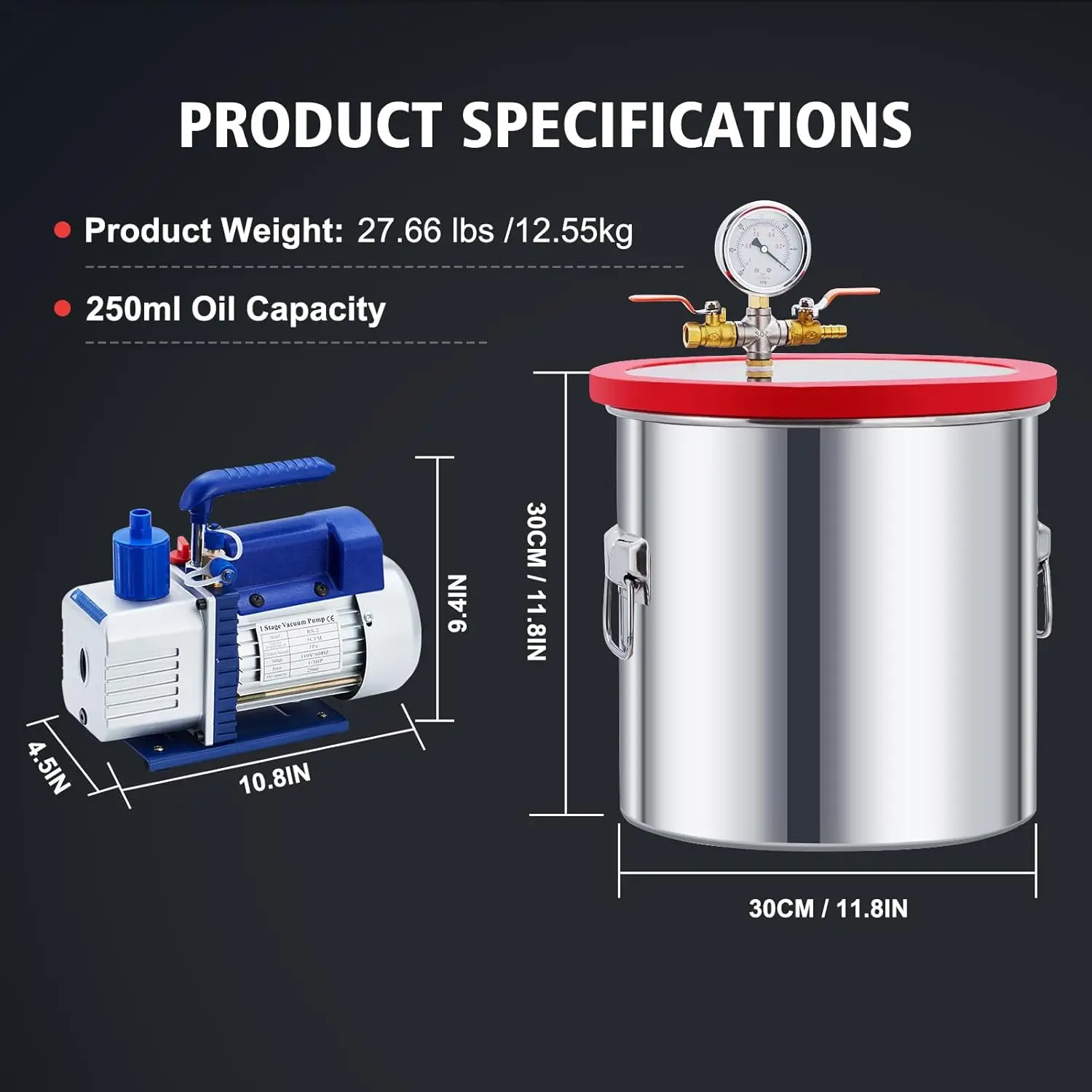 5 Gallon Vacuum Chamber with Pump Kit, 1/3 HP 5 CFM Vacuum Degassing Chamber Kit, 0.7in High-Seal Acrylic Lid