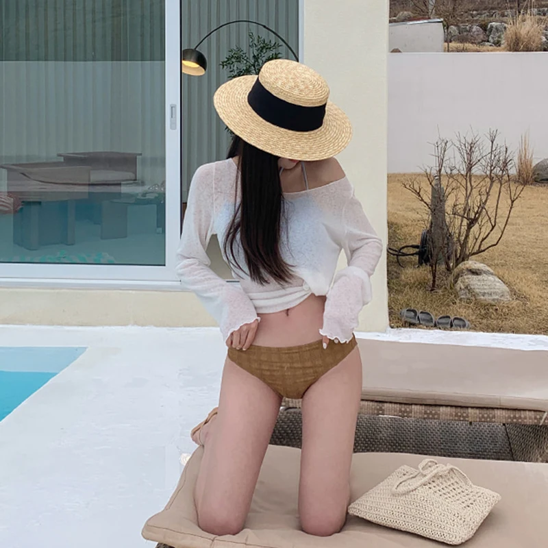 2025 الكورية قطعتين بيكيني المرأة Ins نمط ملابس السباحة الصلبة عودة ضمادة 2025 ملابس السباحة انقسام الرقبة التخسيس Biquini لباس سباحة #5