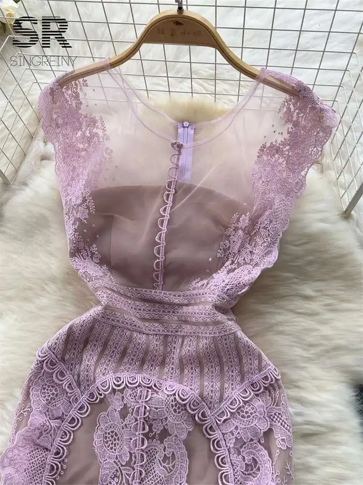 BabYoung Senior Spitze Splice Mesh Frauen Sommer Ärmellose O Neck Zipper Design Damen Schlank Temperament, Figurbetontes Kleid