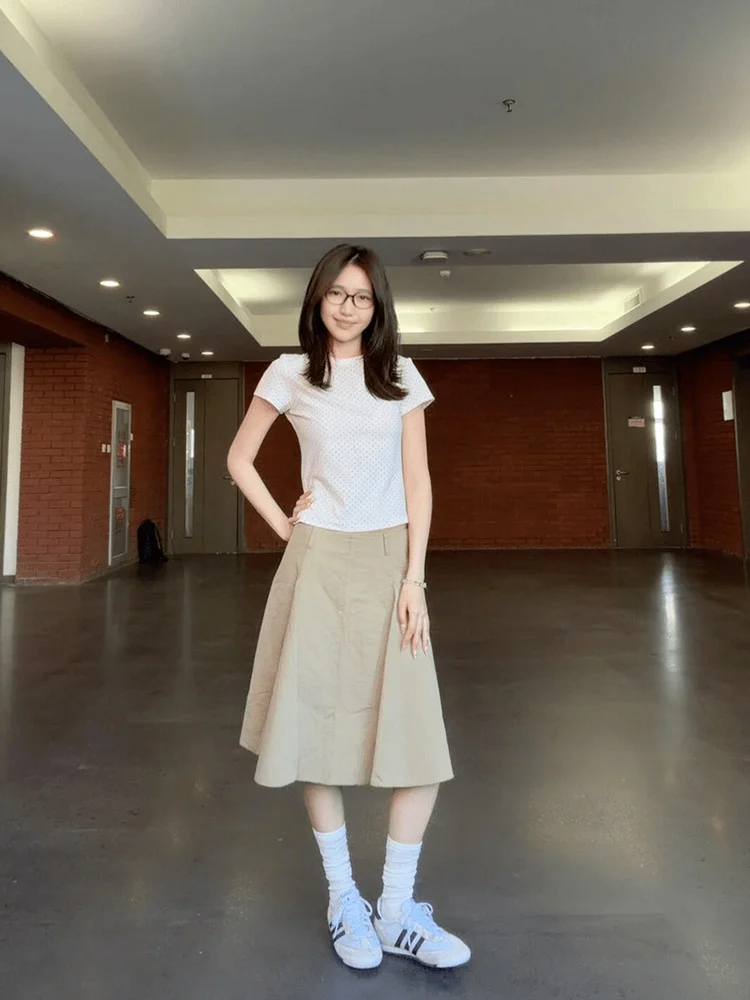 Khaki High Waist A-Line Midi Skirt Women's Slimming Casual Versatile Workwear Umbrella Skirt Spring Summer New Arrival