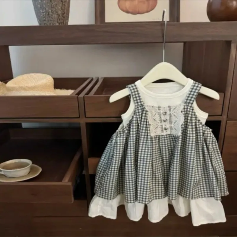 

TOY-2025Summer New Style Girl Baby Forest Lace Loose Fashionable High-end Patchwork Plaid Suspender Dress Set