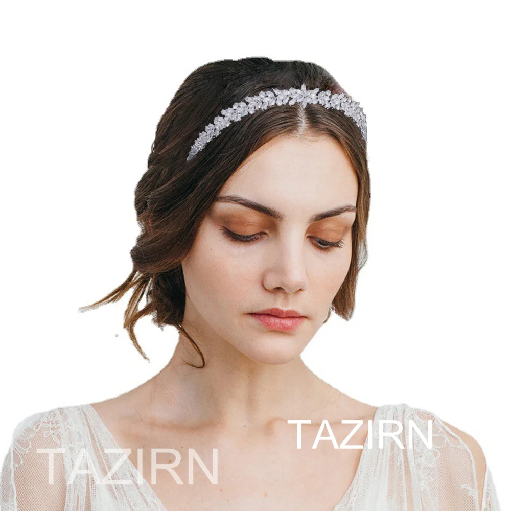 TAZIRN Fashion Zirconia Lengthened Wedding Bride Headband CZ Handmade African Arabic Bridal Hairband Evening Headpiece for Women