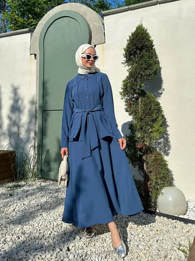 Eid Muslim 2 Piece Set Women Musulman Ensemble Lace-up Shirts & Skirt Dubai Single Breasted Button Blouse Skirts Two Pieces Belt