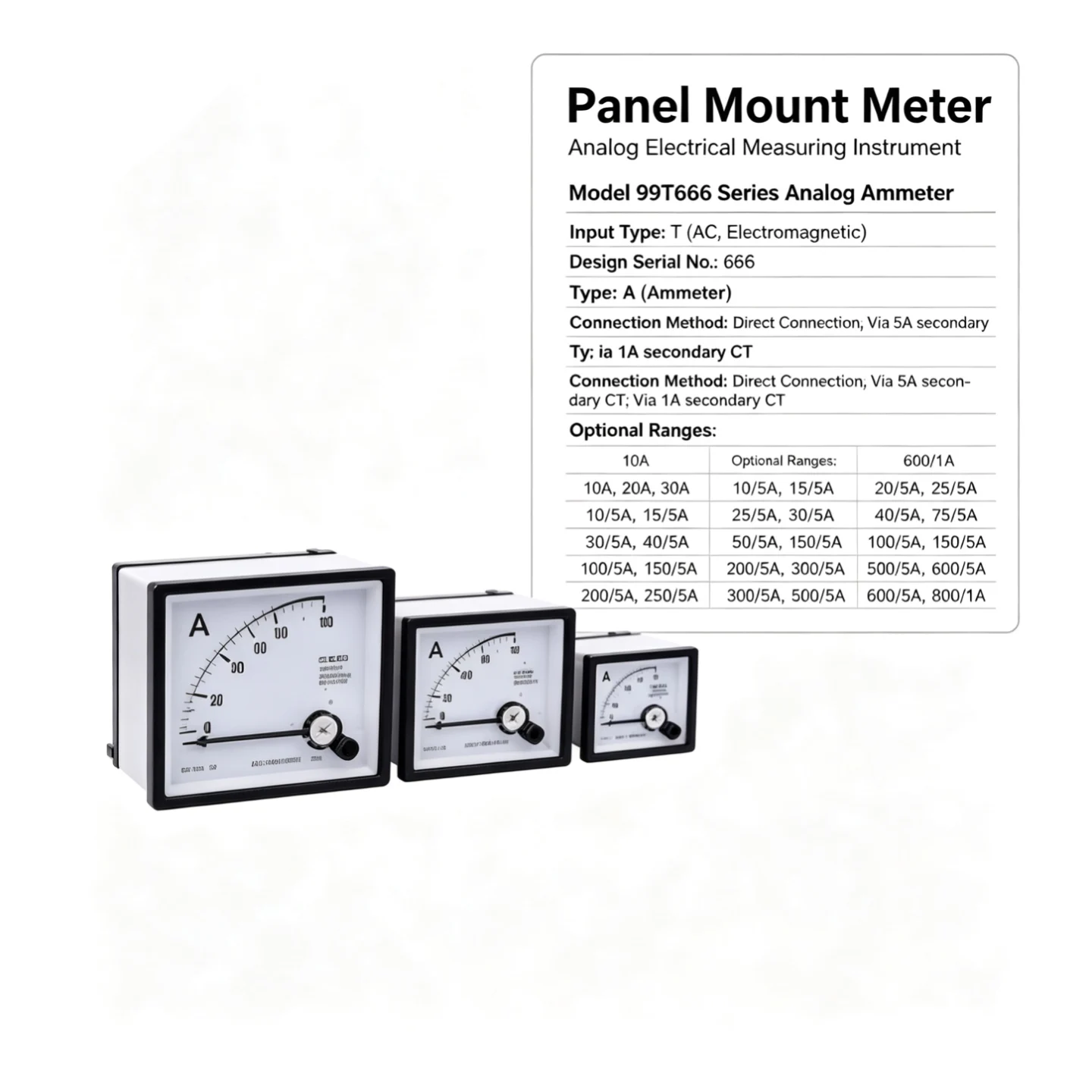 99t666 Series Analog Ammeter Ac Electromagnetic 10A 20A 30A Direct / 5A 1A Ct Panel Current Meter Switchgear Distribution Panel