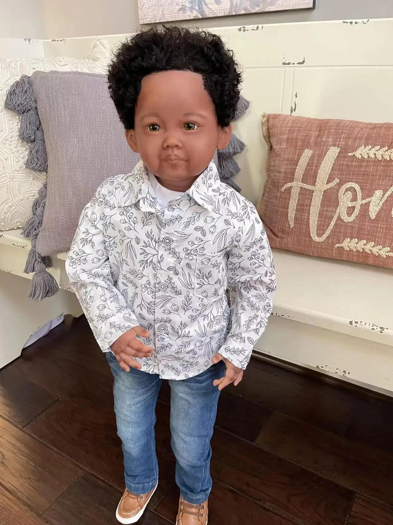 SINO-BB sur mesure 32 pouces Reborn Baby Leonie Boy Version peau foncée déjà fini beurre avec des cheveux enracinés à la main cadeau de Noël