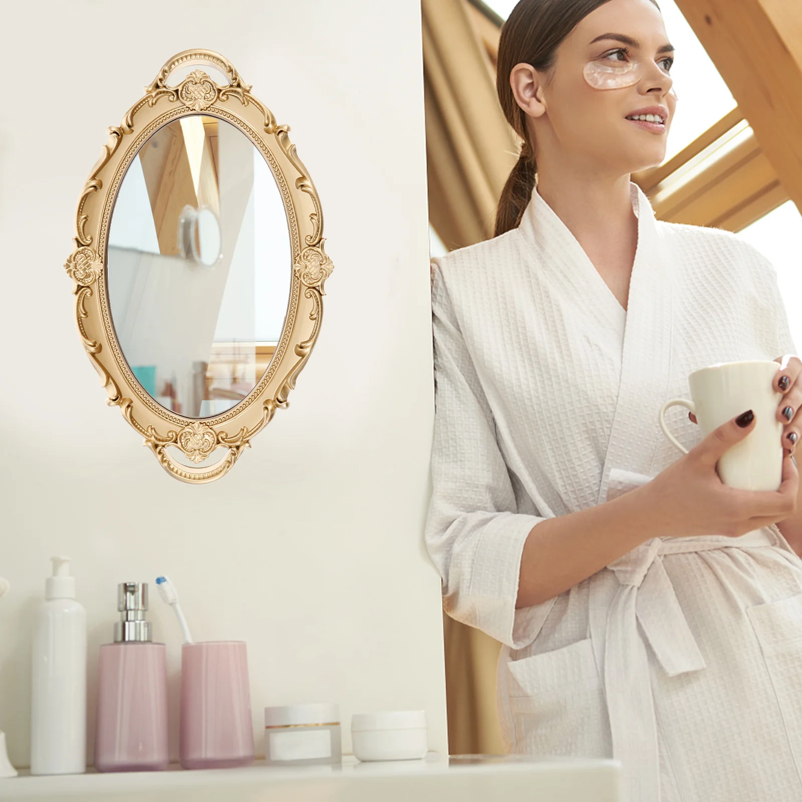 مرآة مكياج ذهبية عتيقة على الطراز الباروكي مرآة زخرفية ذات سطح كبير لأناقة منطقة خلع الملابس في غرفة النوم #6