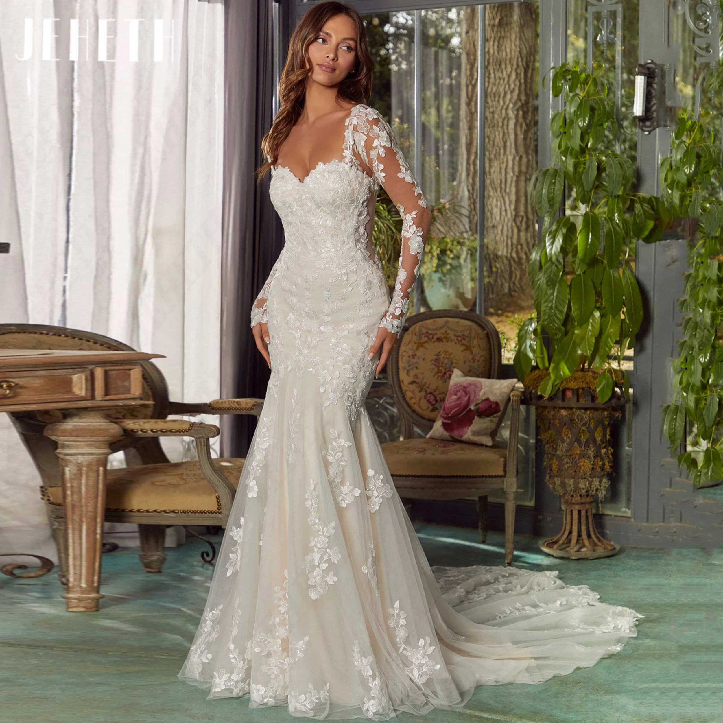 JEHETH Customized 2 In 1 Wedding Dress Lace Applique robe de mariee Sheath Mermaid Bride Gown Tulle Bridal Dresses For Women