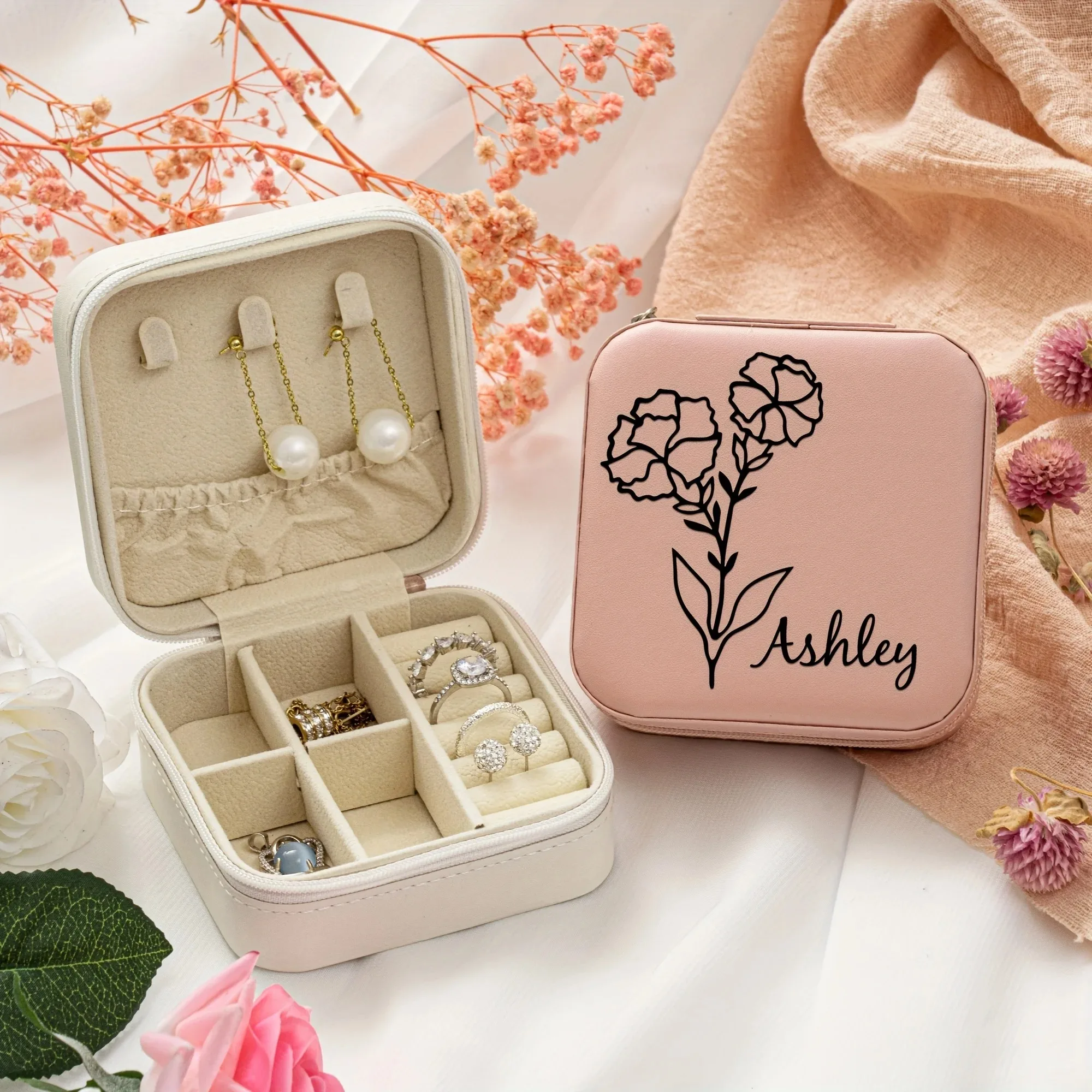 1Pc Custom Name Jewelry Storage Box Birthday Flower Gift Box Birthday Gift For Women Personalized PU Leather Jewelry Storage Box