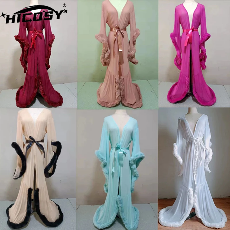 

HICOSY Sexy Feather Robe Large Seductive Mesh Perspective Sex Fur Bathrobe Passionate Waist Tightening Robe Dressing Gown Bridal