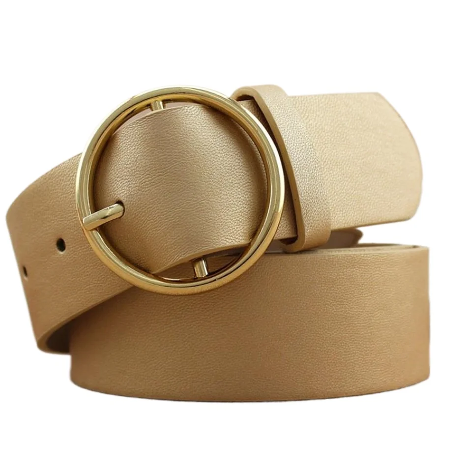 

Golden Buckle Belt Circle Leather Belt for Trousers Female Solid Camel Black White Gold Pin Buckle Casual Waist Belts for Women