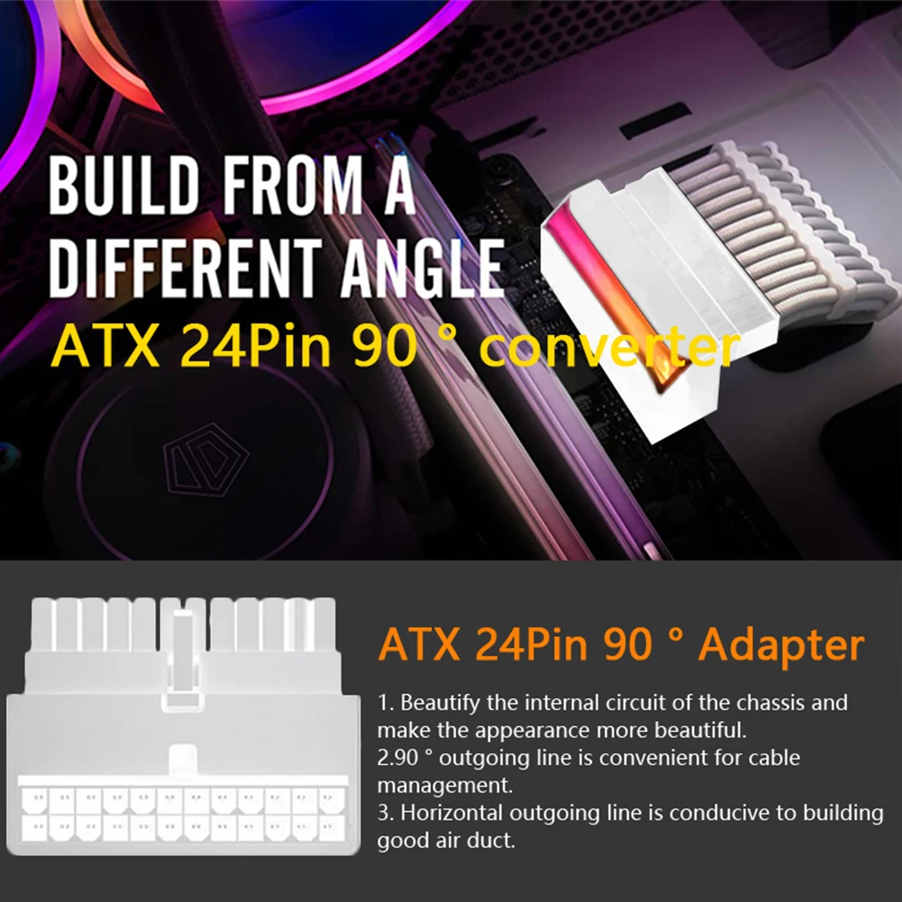 ATX 24 Pin to 90 Degree Power Adapter 5V ARGB Sync Computer Motherboard ATX Power Supply Cable Connector DIY Mounting Modular