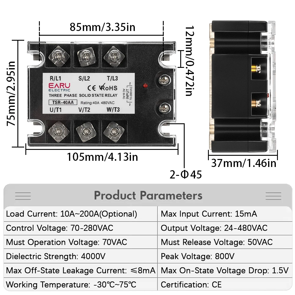 Three Phase AC Control AC Solid State Relay Module SSR 10A 25A 40A 60A 80A 100A 120A 200A SSR 70-280VAC to 24-480VAC Heat Sink