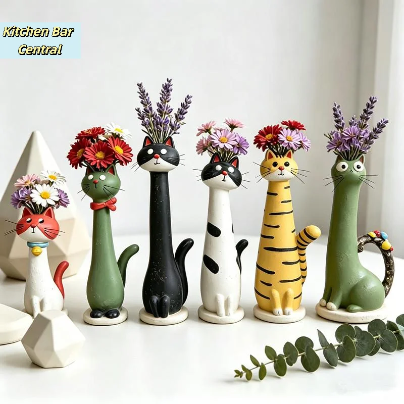 【Cat Shaped Resin Vase Cute Long Necked Cat Flower Arrangement Ornament Home Desktop Floral Decoration Great Gift】