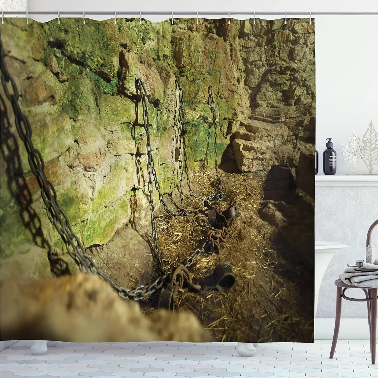 

Тюремная занавеска для душа Dungeon, каменные настенные цепи, кандалы, средневековая тема, декор ужасов, водонепроницаемая ткань, готическая темная комната 150x200