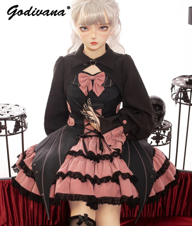 Gothic Style Lolita Four-Piece Set Dresses 2024 New Spring Girl Women's Long Sleeve Black Cape Coat JSK Dress Sweet Dress Set