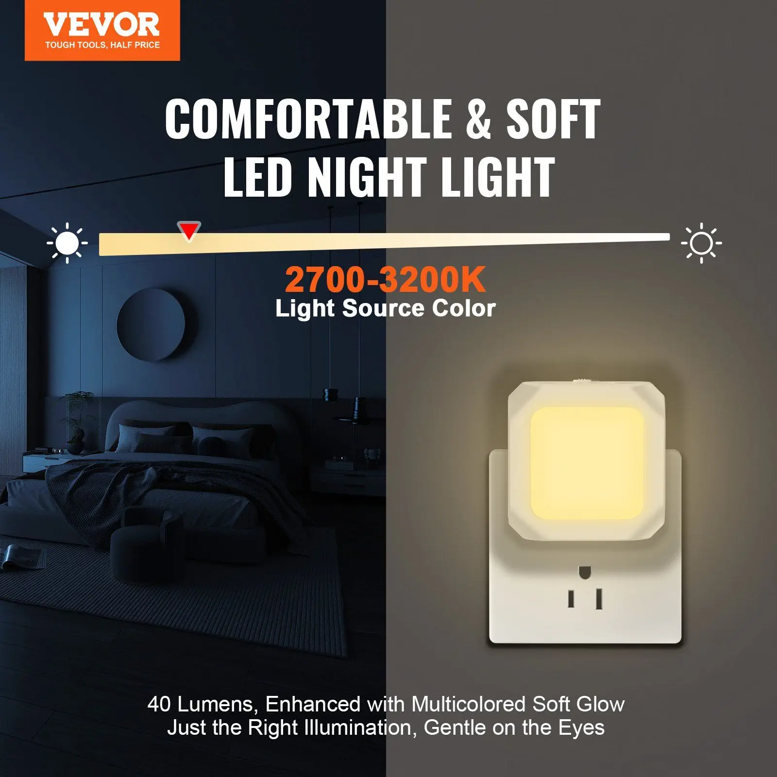 VEVOR LED Night Light, 4 Pack Plug in LED Night Light, 0.6 W 3000k Soft White Light, with Dusk-to-Dawn Light Sensor, for Bedroom