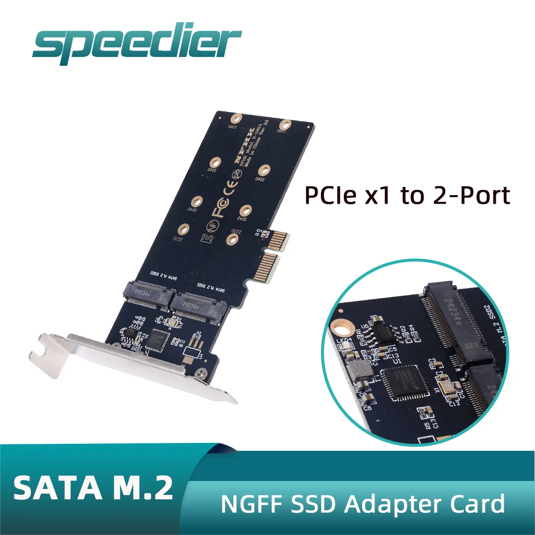 Speedier PCIe X1 To 2 2-Port SATA M.2 NGFF SSD Adapter Card with Full Height + Low Profile Bracket , ASM1061 Chip